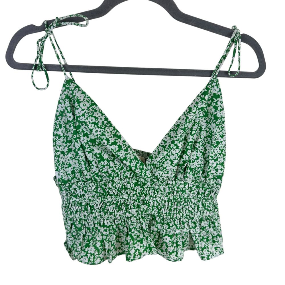 Sim & Sam Green White Floral 100% Cotton Spaghetti Strap Cropped Top Size‎ M